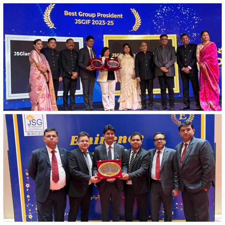 JSG International Honors CA Abhishek Jain as 'Best President' with Gold Award at Eminence Grand Finale in Indore.